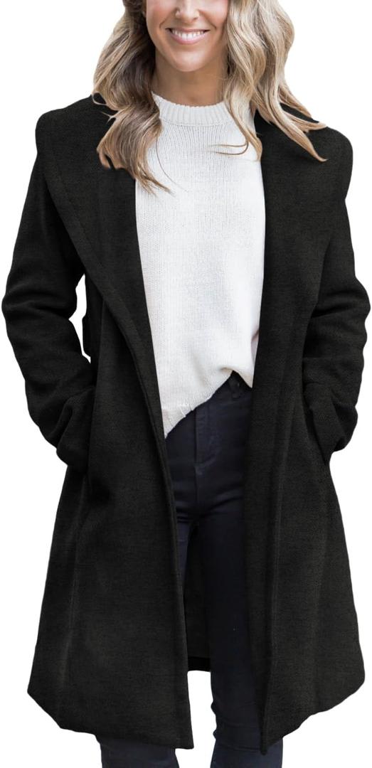 Fazortev Women's Winter Pea Coat Big Lapel Open Front Long Jackets Belted With Pockets (Black) XL