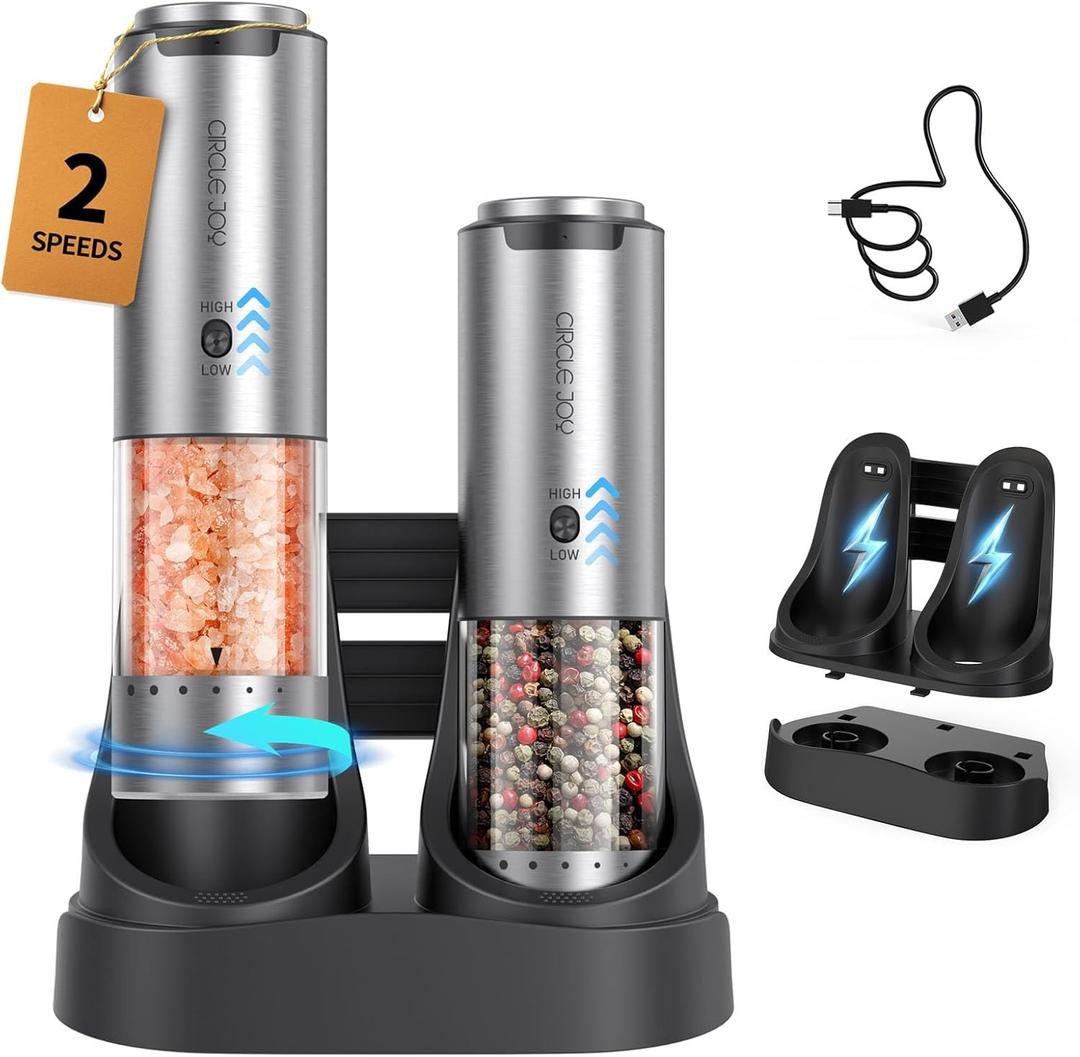 CIRCLE JOY Rechargeable Salt and Pepper Grinder Set Stainless Steel Electric Pepper Grinders with Variable Grinding Speed, External Adjustable Coarseness, Charging Base and White LED Light, Silver