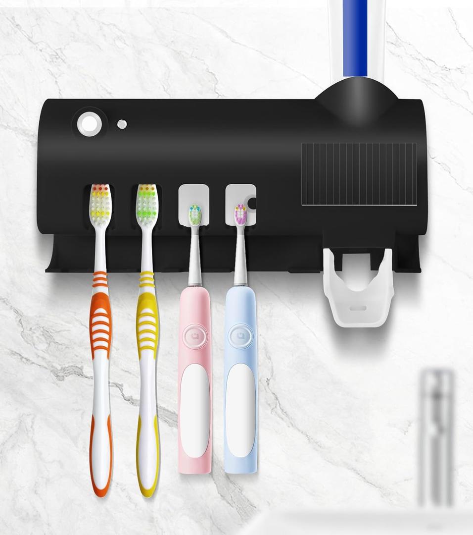 Hanging toothbrush holder and space saving toothpaste dispenser. This convenient organizer neatly stores toothbrushes and toothpaste together, ensuring safe and secure use for the whole family (Black)