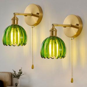 Vintage Wall Sconces with Pull switch, 180 Degree Adjustable, Hardwired Modern Wall Lighting Fixture with Green Tulip Glass Lampshade for Bedroom Bedside Bathroom(2pack)