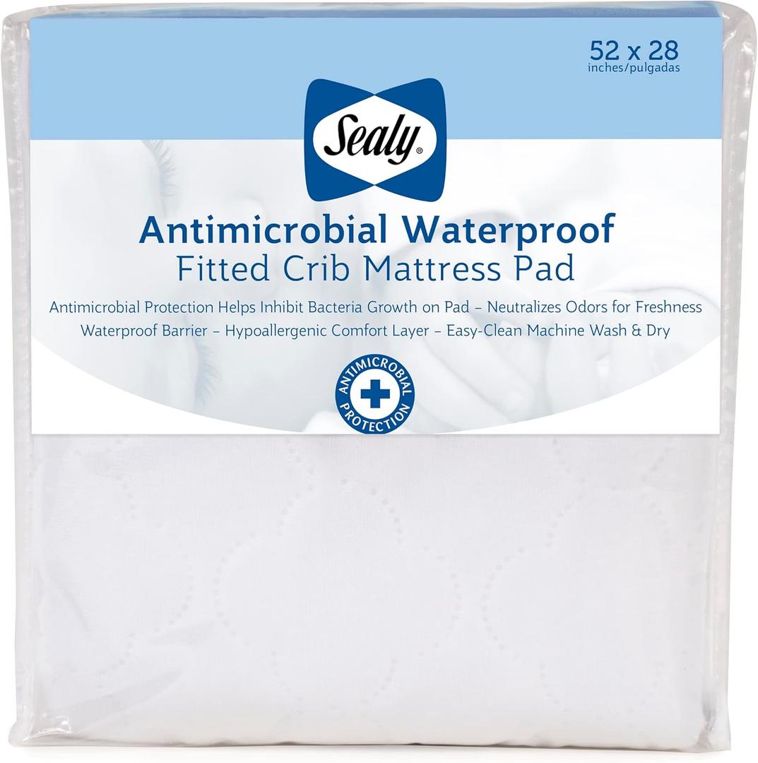 Sealy Baby Antimicrobial Fitted Waterproof Infant Crib Mattress Protector Pad and Toddler Bed Cover, Designed to Neutralize Odors, Machine Washable and Dryer Friendly, 52 x 28- White (Crib (Pack of 1))