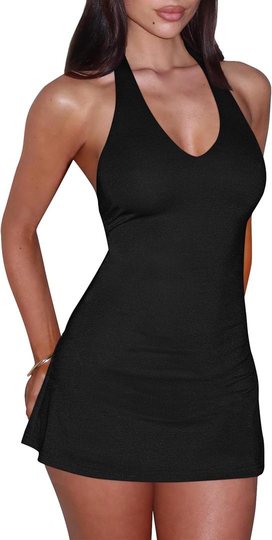 BEAGIMEG Women's Sexy Bodycon A-line Halter Deep V Backless Club Party Mini Dress (Medium)