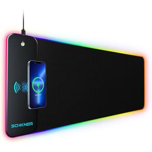 Schkner RGB Gaming Mouse Pad with Wireless Charging 15W, Large Desk Mat 800x300x4mm, 10 Light Modes Keyboard Pad with Non-Slip Rubber Base, Waterproof Mousepad for Gaming PC MacBook Laptop
