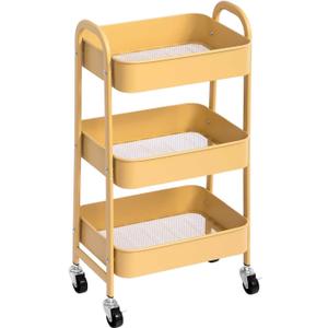 AGTEK 3 Tier Rolling Cart with Lockable Wheels, Metal Utility Cart, Multifunctional Storage for Kitchen, Office, Living Room, Makeup, Craft, Art Studio, Khaki