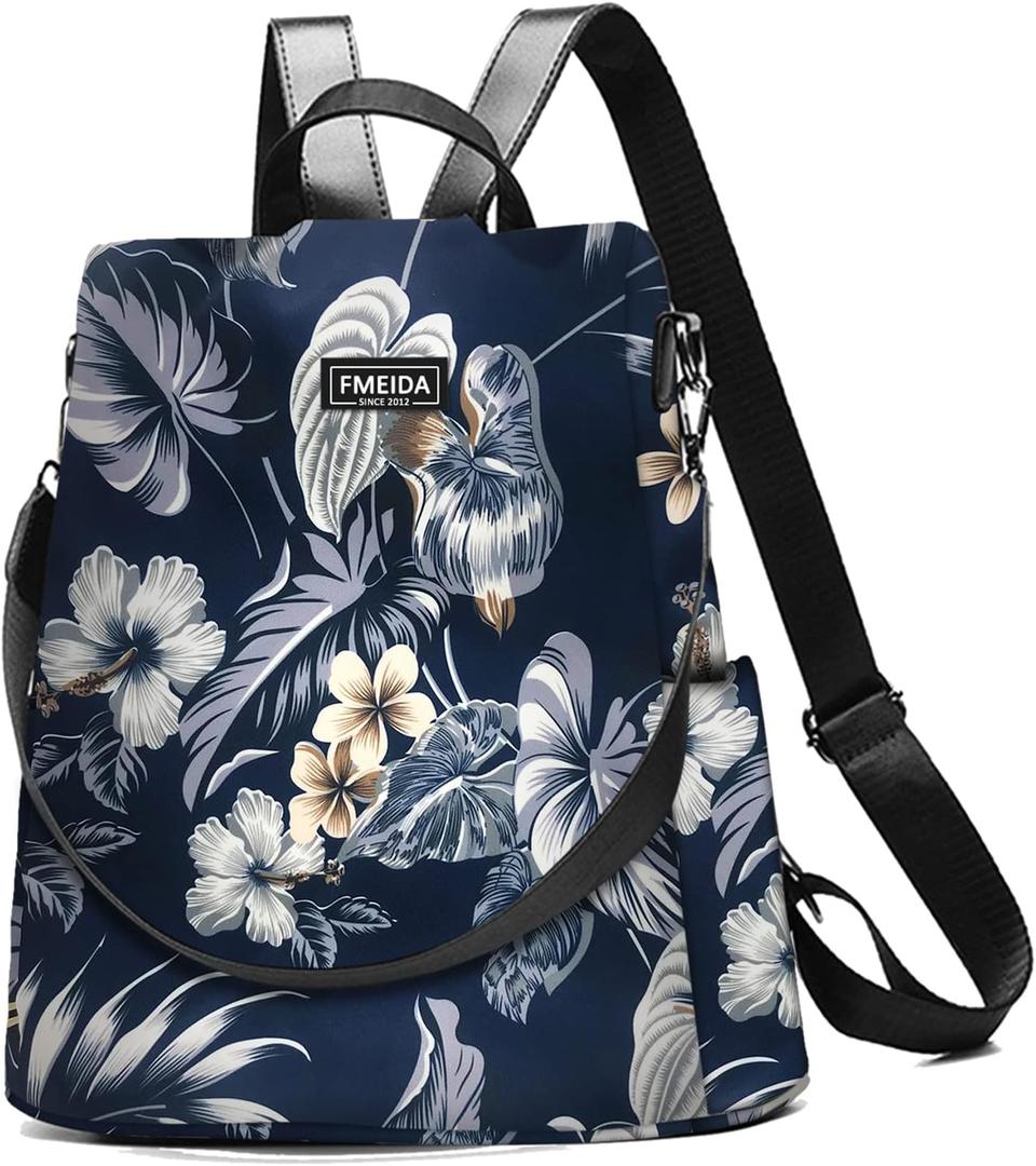 Fmeida Waterproof Backpack Purse for Women Anti Theft Fashion Daypack Nylon Travel Bag Crossbody Shoulder Bag - Hawaii Flower 13"x5.9"x13.9"