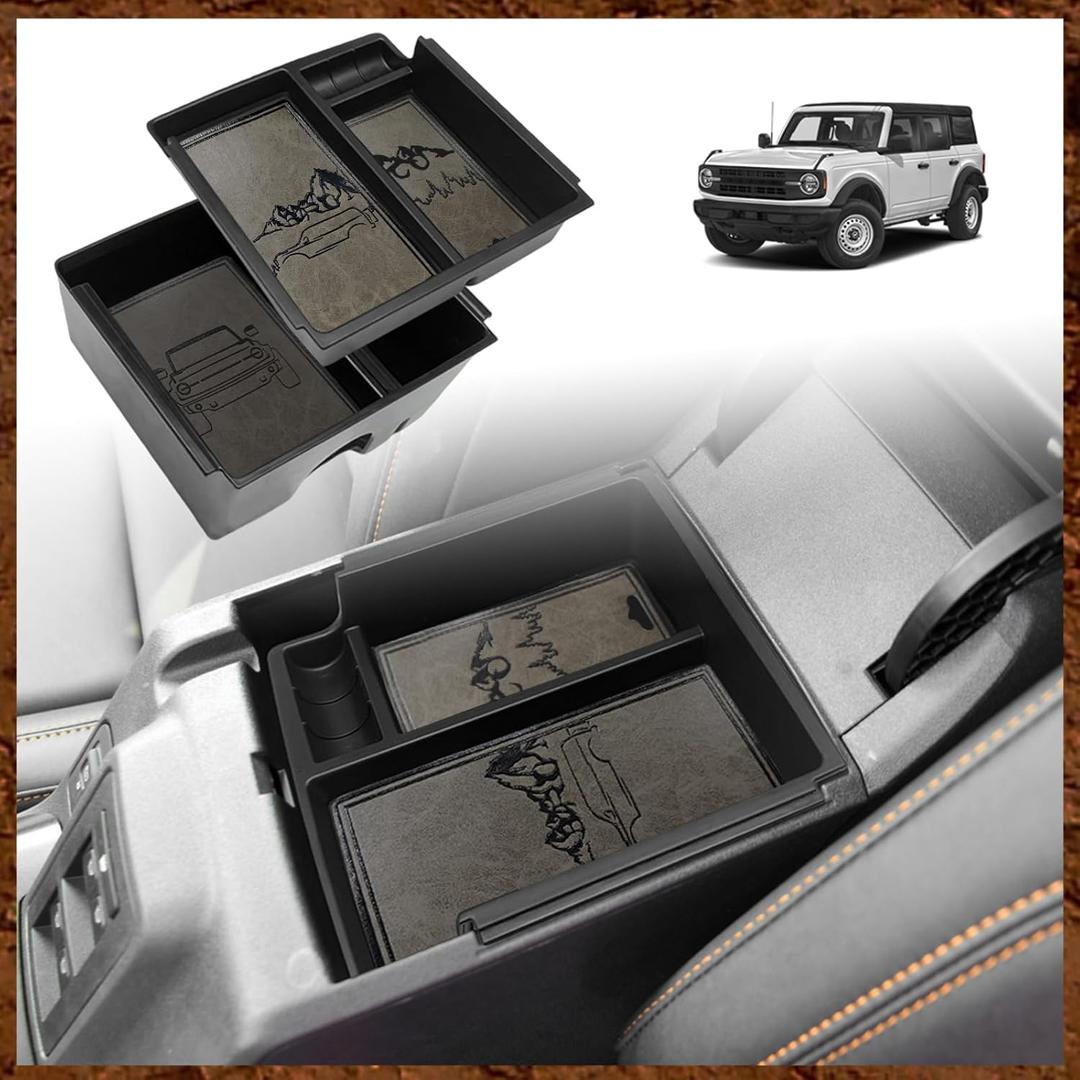 TripleAliners Center Console Organizer Compatible with 2021-2024 Ford Bronco(No for Sport) Accessories 2/4-Door Center Console Storage Box ABS Material with Leather Trim(V2_Retro Grey) Won't Fit 2025