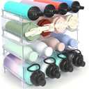 Stackable Water Bottle Organizer, 4-Tier Clear Large Compartment Holder with Stable One-Piece Side-Panel Design, Prevents Tipping & Rolling for Cabinet & Kitchen Storage, Holds 16 Bottles