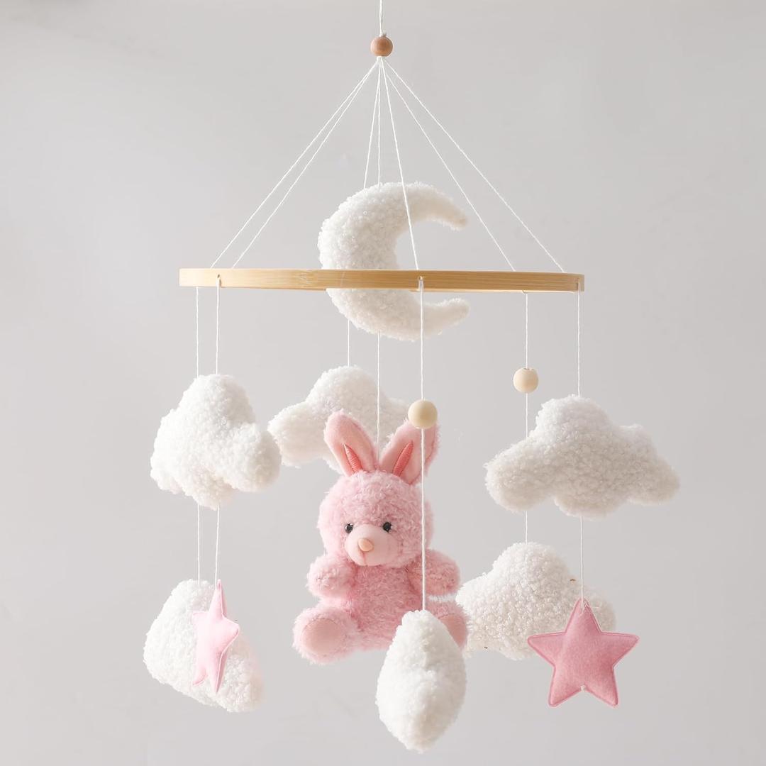 EERKEOD Baby Crib Mobile Bunny Nursery Mobile for Boys Girls Teddy Velvet Mobile Nursery Decor for Infant Bedroom Hanging Baby Mobile for Bassinet Newborn Baby GiftPink Bunny