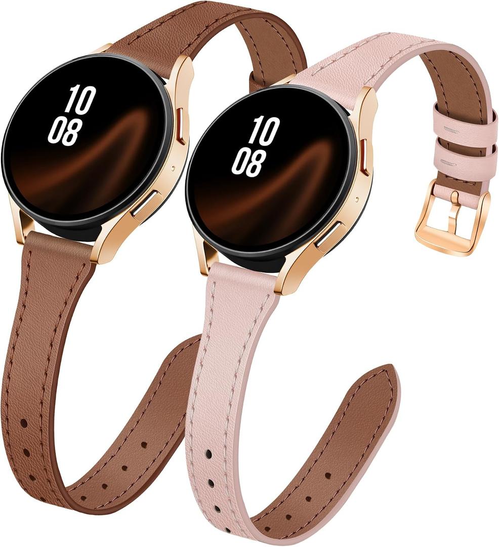JR.DM 2 Pack Slim Leather Bands Women Compatible with Samsung Galaxy Watch Watch 7/6/5/4/Active 2/4 Classic/6 Classic/5 Pro/FE 40mm 42mm 43mm 44mm 45mm 46mm 47mm, Top Leather Soft Watch Thin Straps,20mm
