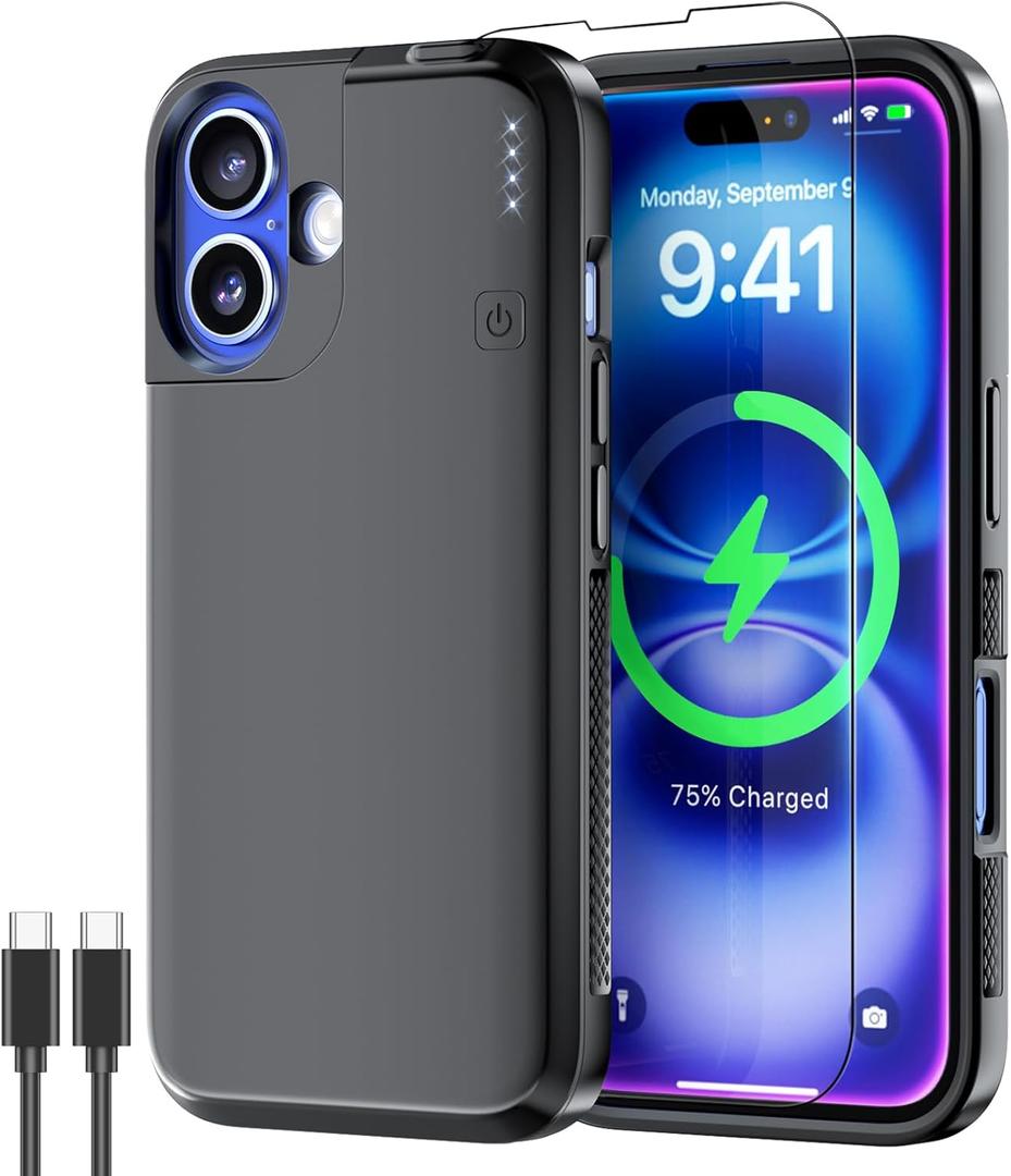 NEWDERY Upgraded Battery Case for iPhone 16, 5000mAh USB C Portable Power Bank, CarPlay, Sync-Data Supported, Rechargeable Charger Case Compatible with iPhone 16 6.1", Black