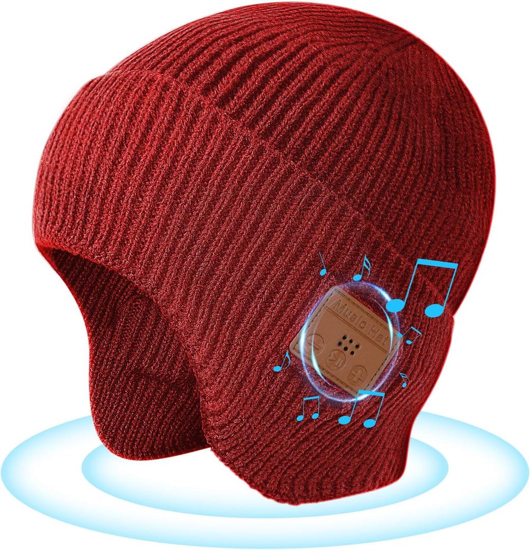 Bluetooth Beanie for Men Women, HD Stereo Sound Beanie with Headphones, Unique Tech Gifts for Men Husband Him Teen (Red)