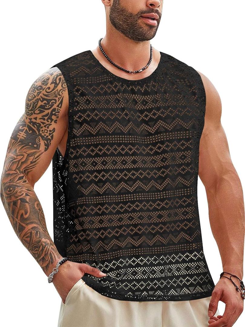 Beotyshow Mens See Through Vest Crewneck Sleeveless Tank Tops Muscle Sexy Lace Mesh Shirts (Large, Black)