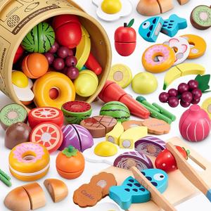 45 Pcs Wooden Play Food for Kids Kitchen, Pretend Cutting Fruit Vegetable Toys with Storage Bucket, Montessori Gift for 3 4 5 6 Year Old Boys Girls