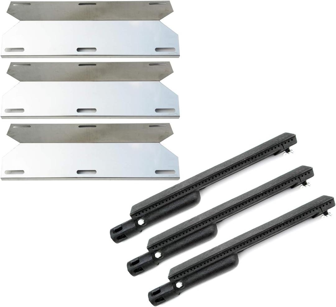 Parts Kit DG225 Stainless Steel Heat Plate Shield and Cast Iron Burner Replacement for Jenn Air 730-0163, 720-0163 Gas Grill, Repair Kit Burner and Heat Plates - 3 Pack