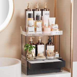 Delamu Bathroom Organizers and Storage, 2-Tier 2-Drawer Makeup Organizer Countertop, Easy to Install, Ideal for Bathroom Storage, Vanity, Large Skincare, Perfume, Present, and More, Black