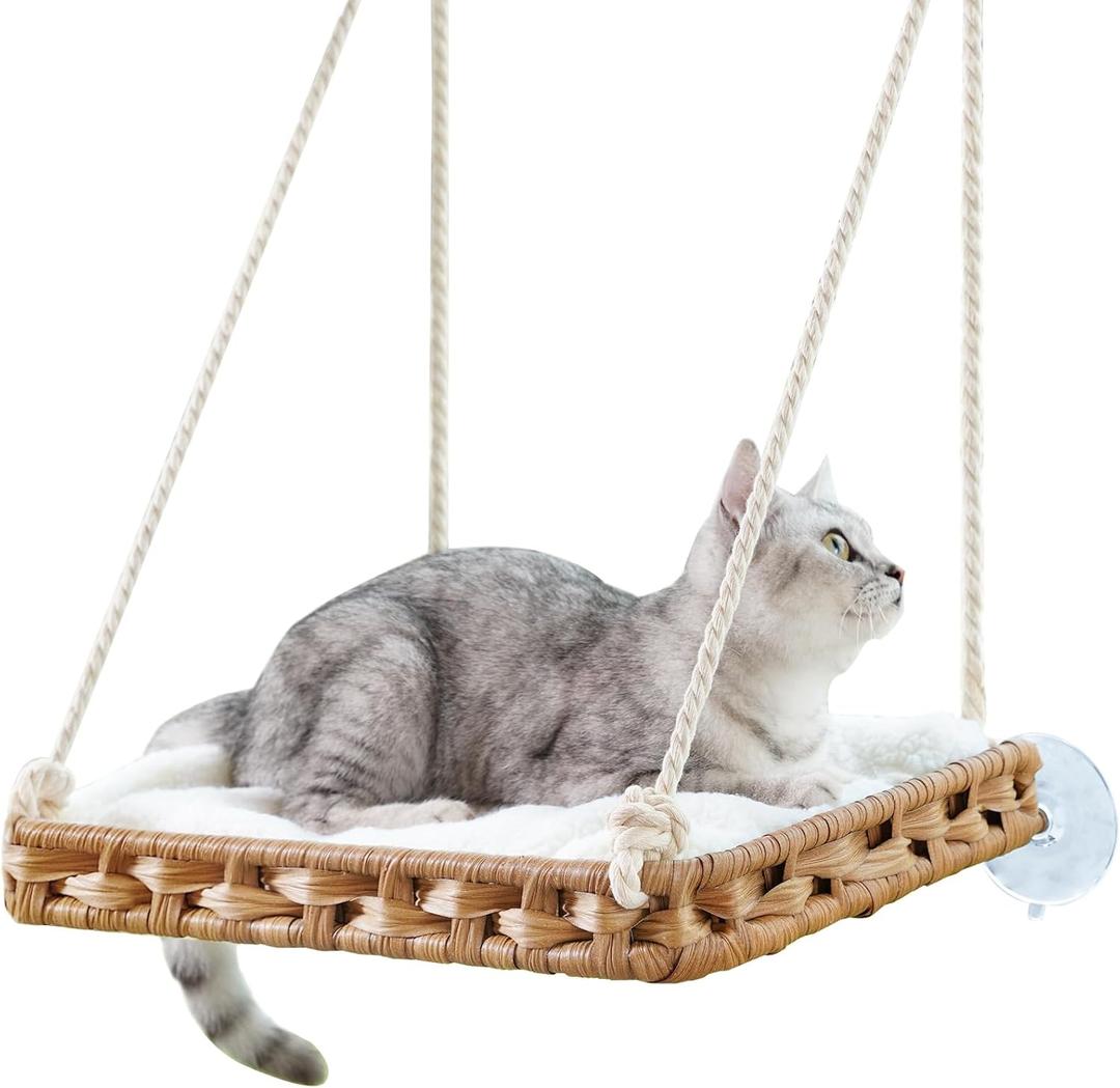 SETVSON Cat Window Perch Cat Window Hammock Bed for Indoor Cats, Large Handwoven PE Rattan Window Seat, 4 Suction Cups, Double Sided Washable Cushion Bed, 2.3 Inch Fence Shelf, for Pet Kittens Natural