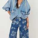 loveimgs Women Y2k Distressed Barrel Jeans Baggy Wide Leg Jeans Floral Printed Boyfriend Patchwork Denim Pants (Blue, XXL)
