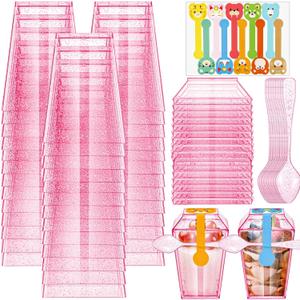 Dandat 100 Pack 5oz Glitter Plastic Dessert Cups with Spoons and Lids Glitter Square Dessert Shooters Disposable Appetizer Parfait Pudding Cups with 100 Stickers for Serving Tasting(Pink)