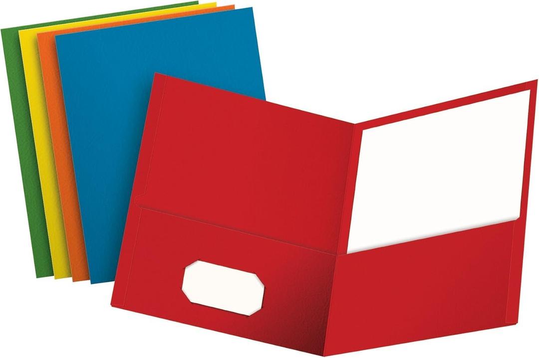 Oxford Two Pocket Folders, Textured Paper, Assorted Colors (Blue, Red, Yellow, Orange, Green), For School, Home, and Office, Letter Size, 25 Per Box (57513EE)