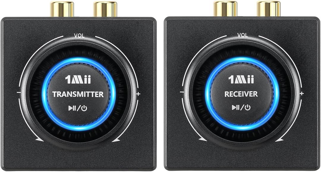 1Mii 2.4GHz (1 TX + 1 RX), Wireless Transmitter Receiver - 200ft Long Range 25ms Low Latency, Wireless Audio Adapter with RCA/AUX 3.5mm, Plug & Play for TV Home Stereo Soundbar PC Speakers Amplifier