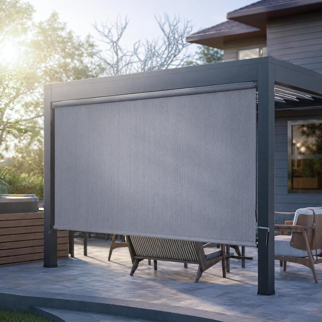 Outdoor Roller Shade 8'W x 8'H, Cordless Exterior Patio Blinds with Crank Wand, 95% UV Block Privacy Sun Shade 200GSM HDPE for Pergola Gazebo Porch Deck, Light Gray, 96"W x 96"H