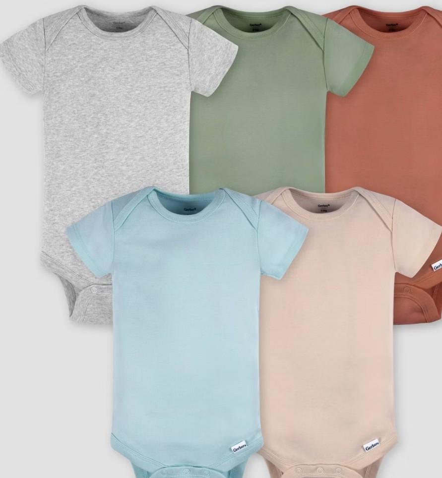 Gerber Baby 5pc Short Sleeve Onesie - 24M: Cotton Knit Bodysuits, Pullover Crotch Snap