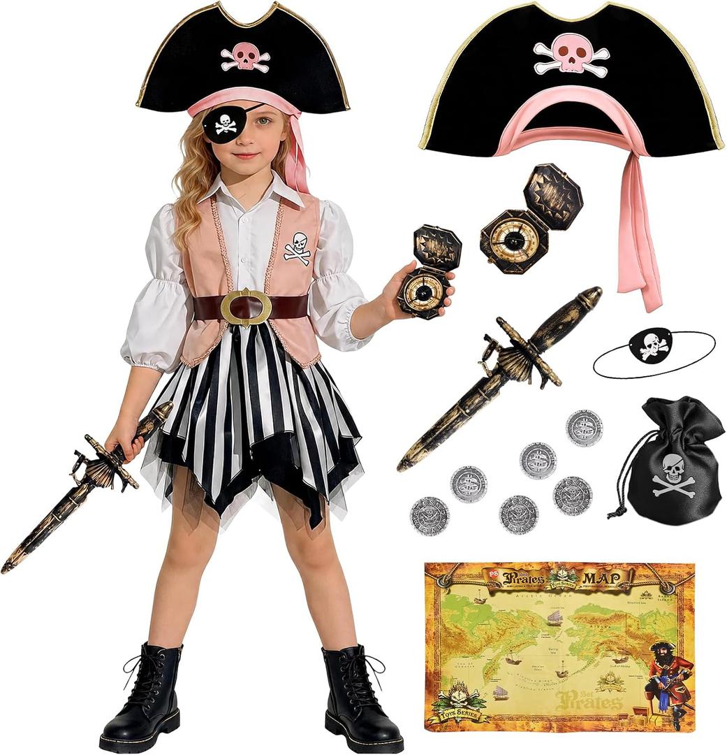 G.C Girls Pirate Costume 10Pcs Set , Kids Halloween Dress Up with Hat Treasure Map, Birthday Party Role Play Outfit, 140(9-10Y)