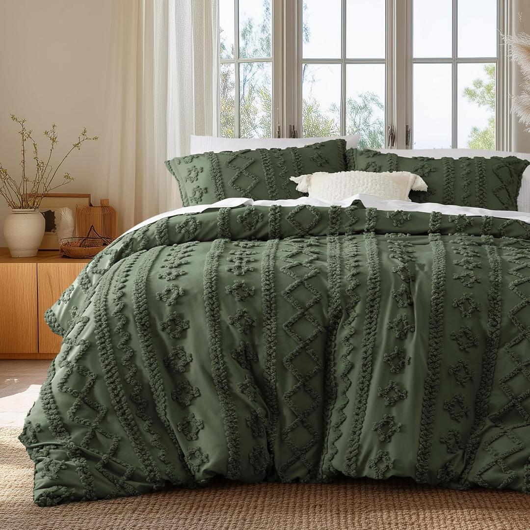 Bedsure Boho Duvet Cover Queen Size, Soft & Comfortable Elegant Design Boho Bedding for Decoration, Machine Washable Comforter Cover for All Seasons,Includes 1 Duvet Cover & 2 Pillow Shams,Olive Green (Queen (90" X 90"))
