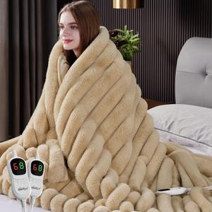 Heated Blanket Queen Size, Faux Fur Cozy Heating Blanket with Overheat Protection, 1/2/4/6/8 Hours Auto-Off 10 Heat Level, Machine Washable (84x90 Inches, Beige)