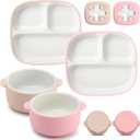 4 Pcs Square Porcelain Kid Plate Bowl Set with Suction, 2 Ceramic Toddler Divided Plate 2 Baby Anti Slip Silicone Sleeve Bowl for Feeding Supply Microwave Dishwasher Safe(Pink, Beige)