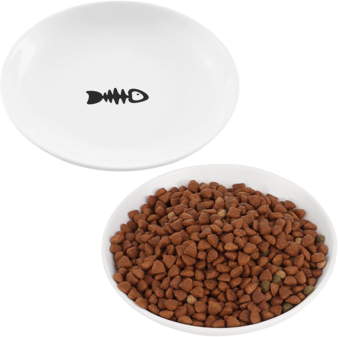 2 Pcs Cat Bowls, Wide & Shallow Cat Plates for Whiskey Fatigue Relief, 15cm/ 6’' Ceramic Cat Feeding Dishes Cute Fish Bone Design, Wet & Dry Food Feeding Bowls for Kittens, Cats, Puppies