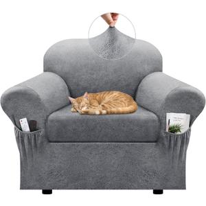 Chair Slipcover with Armrest Pockets 2-Piece Set, Stretch Faux Leather Chair Cover for Armchairs(Fits 31-45") - Non-Slip, Machine Washable, Pet & Kid Friendly - Light Gray