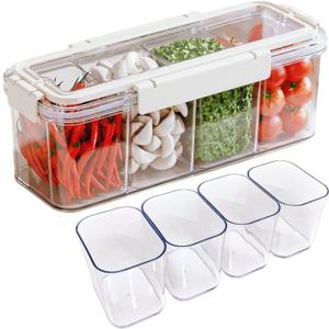 Kitchen Storage Containers With Removable 4 Compartment,Fridge Organizer With Hidden Handled,Clear Acrylic Food Storage Containers with Lids Airtight