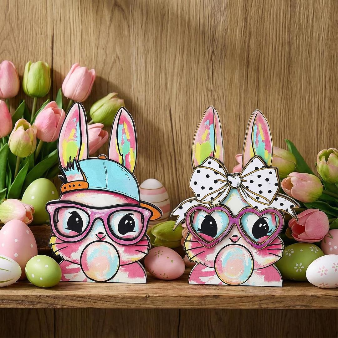 Leinuosen 2 Pcs Easter Decorations Coquette Bow Wooden Bunny Couple Happy Easter Table Centerpiece Signs, Cute Rabbit with Glasses Wood Decor for Home Office Gifts Party Supplies