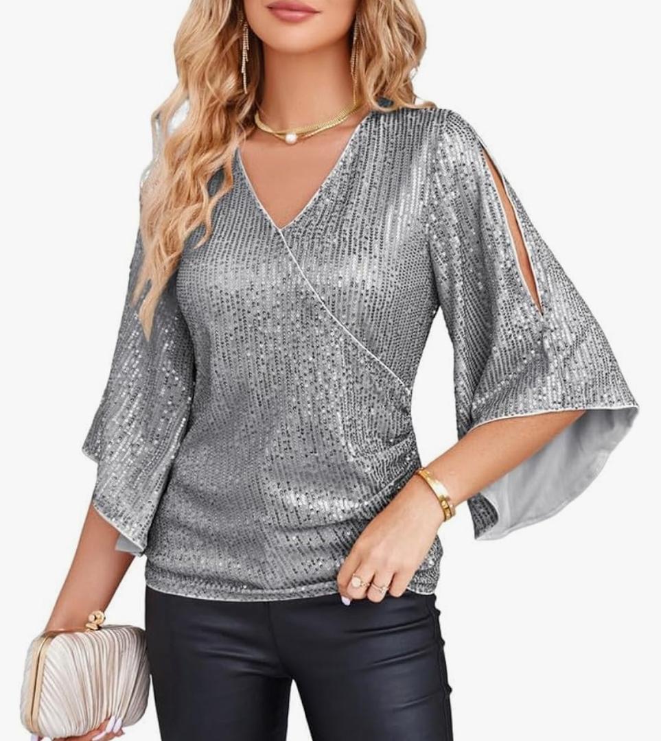 GRACE KARIN Womens Sparkly Sequin Tops,3/4 Sleeve Glitter Party Dressy Blouse,V-Neck Disco Evening Club Concert Shirt, Size L