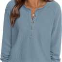 PRETTYGARDEN Women Long Sleeve Waffle Knit Shirts 2026 Fall Casual Button V Neck Loose Henley Tops Basic Tees Winter Clothes (Small, Dusty Blue)