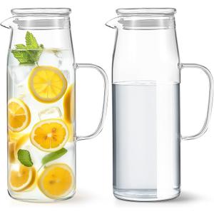 Hsei 2 Sets Glass Pitcher with Lid, 67.6 oz / 2000 ml Water Carafe with Handles Hot Cold Beverage Water Jar Glass Jug for Tea Juice Milk Coffee Iced Beverage (Glass Lid)