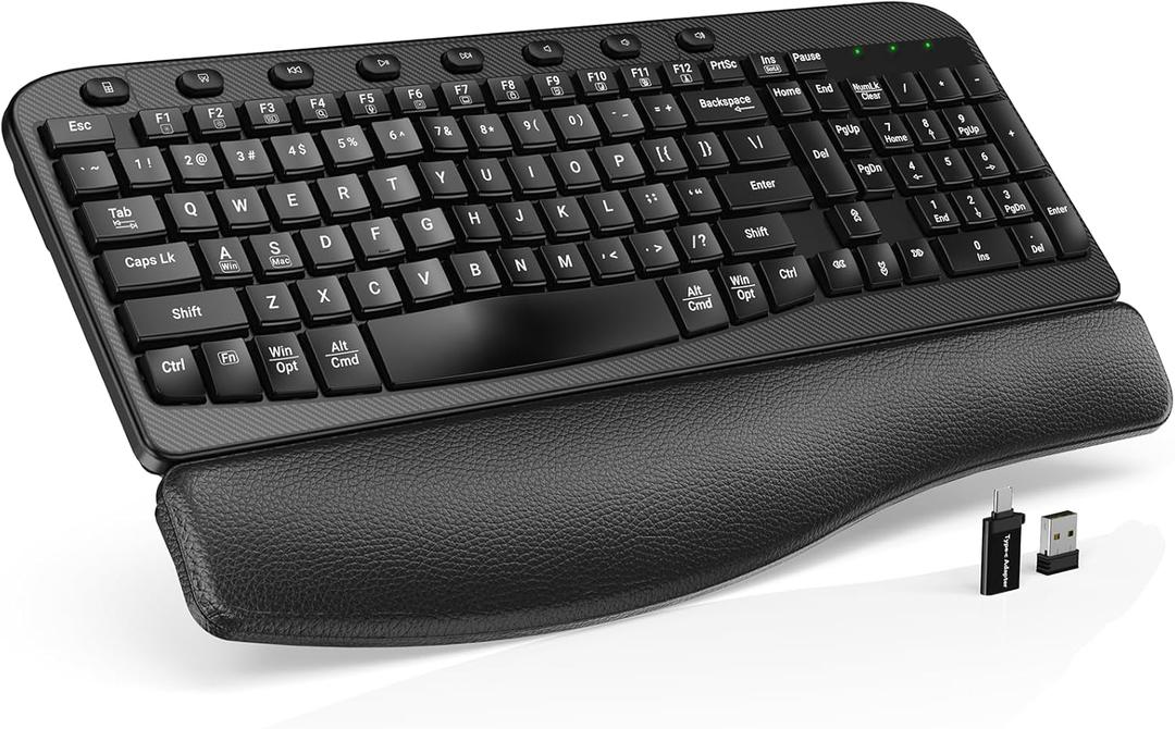 SABLUTE Wireless Keyboard, 2.4GHz USB Computer Key Board with Cushioned Wrist Rest, Ergonomic Wave Keyboards for Windows, Mac, Chrome, PC, Laptop, Black Full Size - Teclado Inalmbrico
