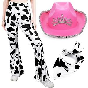 Haysandy 3 Pcs Cowgirl Costume Set Include Cow Print Pants Cowgirl Pink Hat, Bandanna for Halloween Party S
