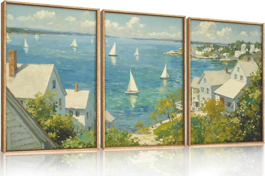 Large Coastal Sailboat Framed Canvas Wall Art Set,Summer Seascape Wall Decor,Nautical Blue Ocean Art Prints,Nature Beach Artwork for Living Room,Bedroom,Dining Room,Office-24 x36 x3