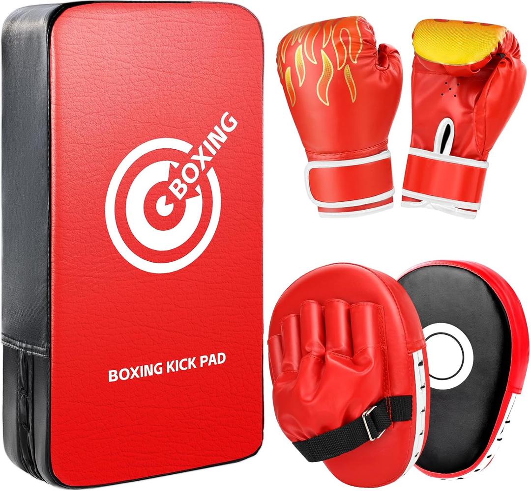 3-in-1 Boxing Gloves Punching Mitts Kick Pack Set for Kids, Curved Boxing Mitts Focus Pads, Adjustable Taekwondo Kick Pad, Gloves for Kicking Karate Kickboxing Muay Thai MMA Training