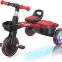 SEREED Colorful Lighting Toddler Tricycle for 2-5 Years Old Boys Girls, Adjustable Seat&Handlebar Trike, Removable Basket, Birthday Gift Idea for Kids Ages 2+ (Red Black)