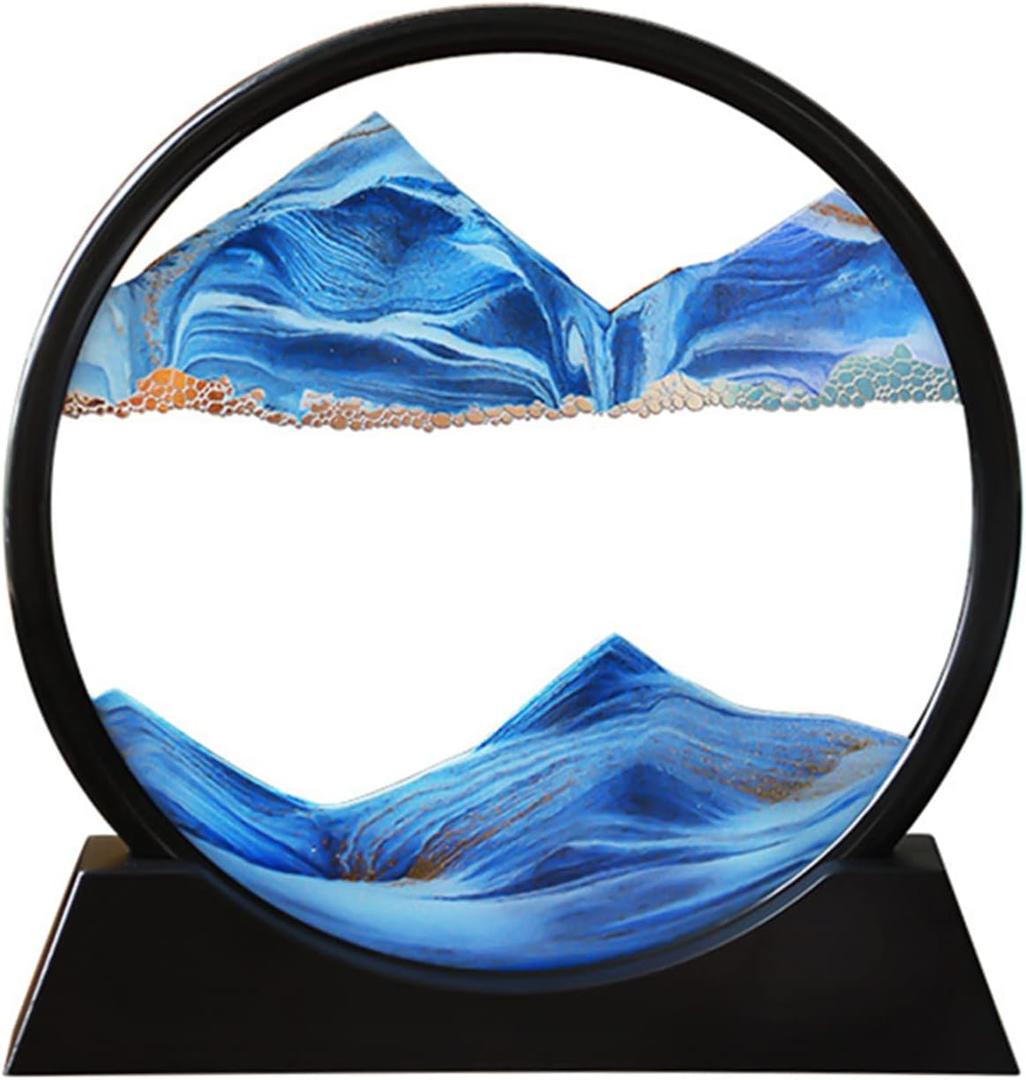 Arthink Moving Sand Art Picture - Liqud Motion Round Glass 3D Deep Sea Landscape,Dynamic Sand Art Sandscapes, Sensory Relaxing Desktop Home Office Decor Gift(7 inch, Blue)
