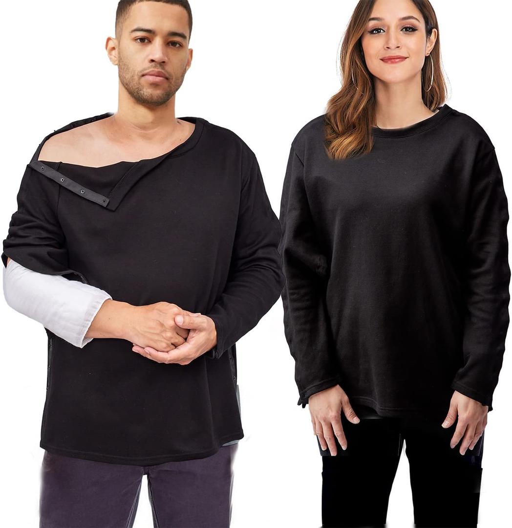 houlder Surgery Shirts, Unisex Rehab Shirt with Discreet Shoulder Snaps, Chemo Clothing, Long Sleeve Shirt Men, Black, Small