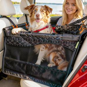 Dog Car Seat for Large Medium Dogs | Waterproof Dog Seat Cover for Back Seat with Hard Bottom | Alloy Twist-Lock Rods | 3 Mesh Windows | Removable Fleece Mat | Cars, SUVs, Trucks
