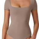 QINSEN Women's Square Neck Short Sleeve Double-Layer Bodysuit Fashion T-Shirt Tops, Large 