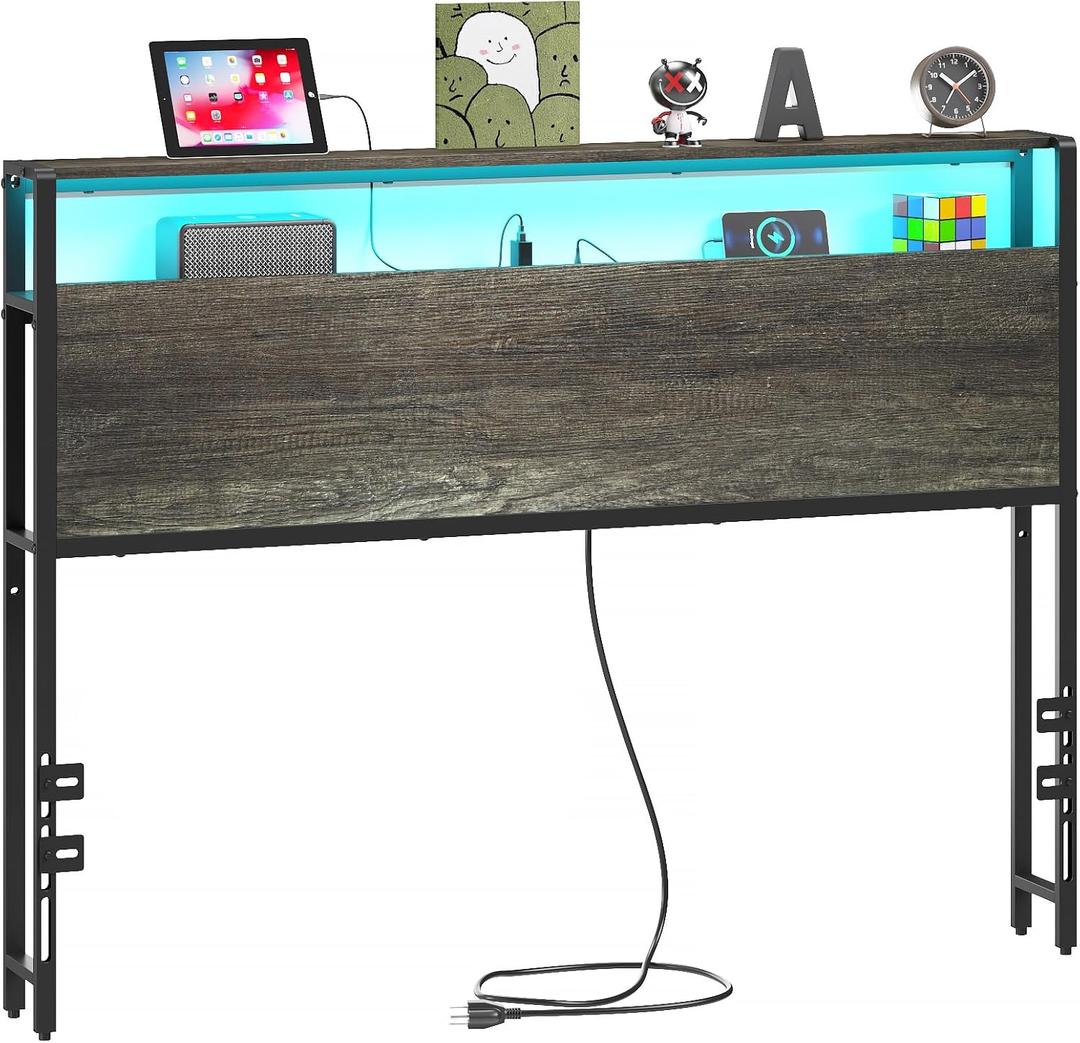 Merronix Full Sized Headboard with 2 Tiers Storage Shelves, Sturdy and Stable Headboard with Charging Station, USB Ports and LED Light for Full Bed Frame, Black Oak