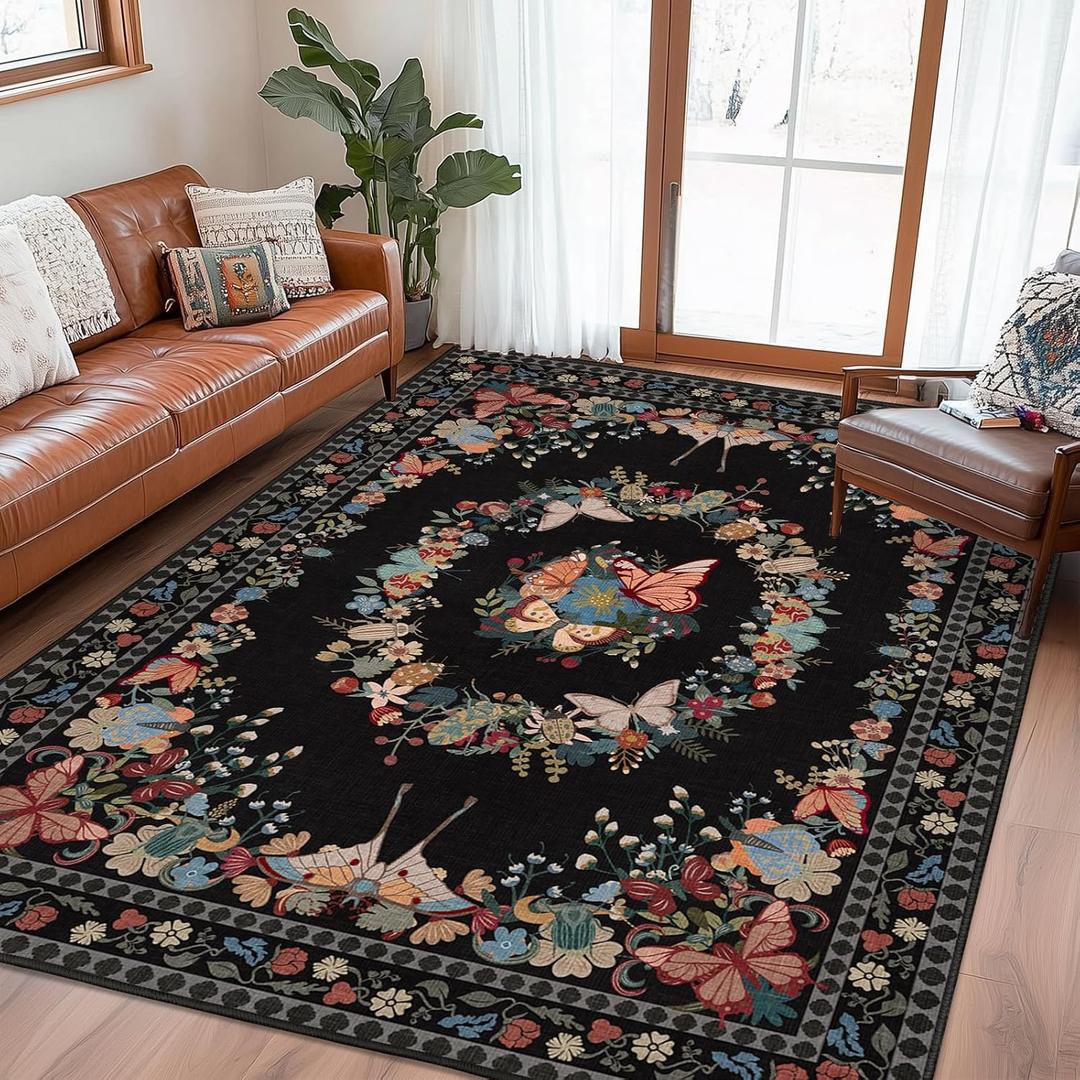 5x7 Area Rug for Living Room: Washable Butterfly Rug Non Slip Stain Resistant Low Pile Soft Modern Indoor Floor Large Carpet for Bedroom Dining Room Home Decor - Black