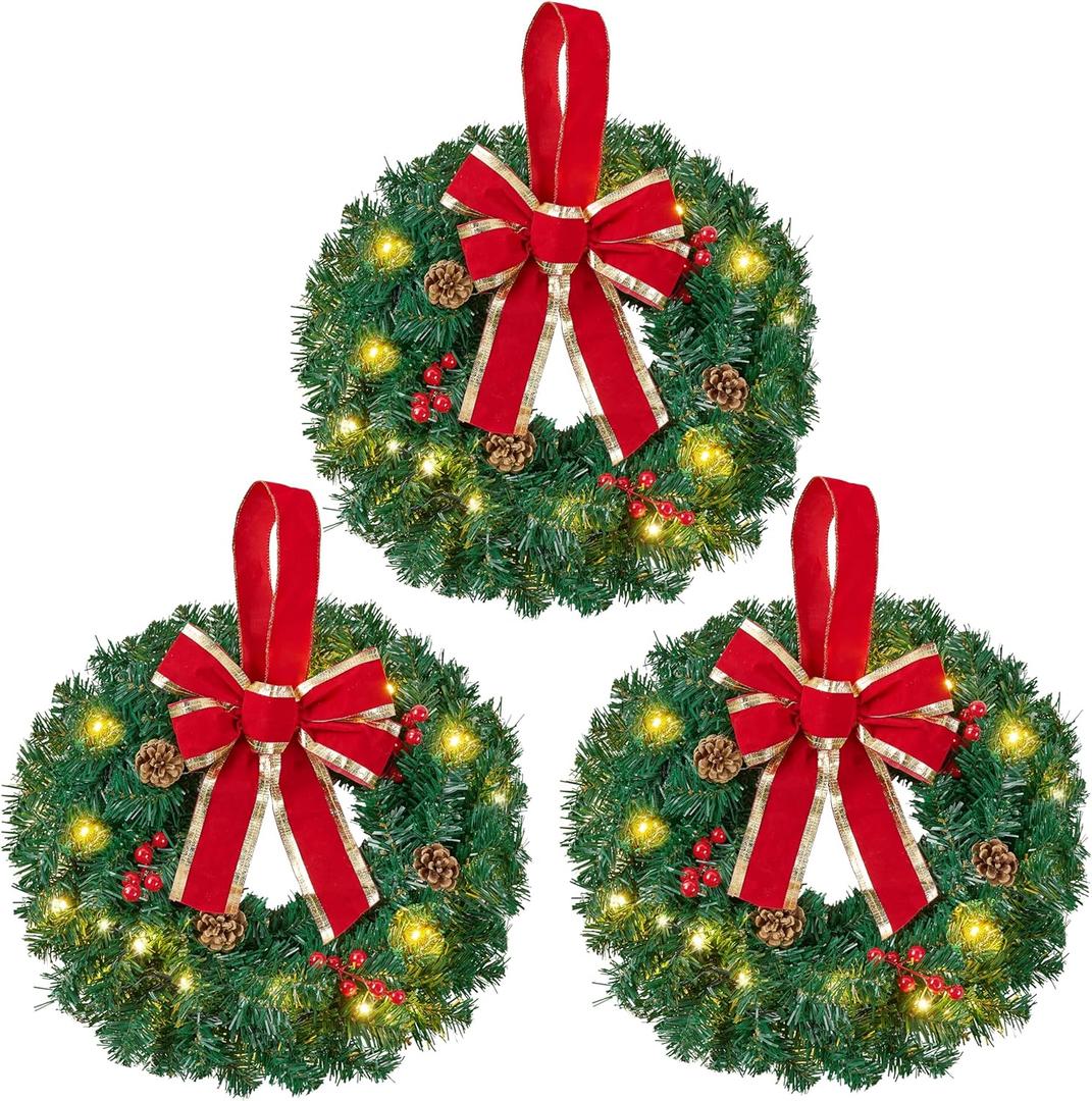 JOIEDOMI 3 Pack 19" Christmas Wreaths with Bow Pre-Lit Artificial with 20 Warm Lights Cordless for Home Front Door Wall Xmas Indoor Outdoor Christmas Decorations Window Door Wreath, Battery Operated