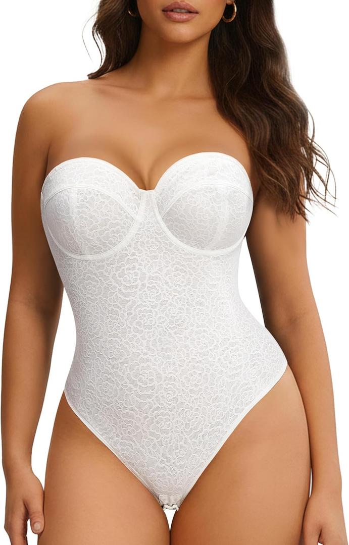 Nebility Strapless Shapewear Bodysuit for Women - Thong Body Suits Tummy Control Body Shaper Underwire Lace Corset Tube Top (Small, White)